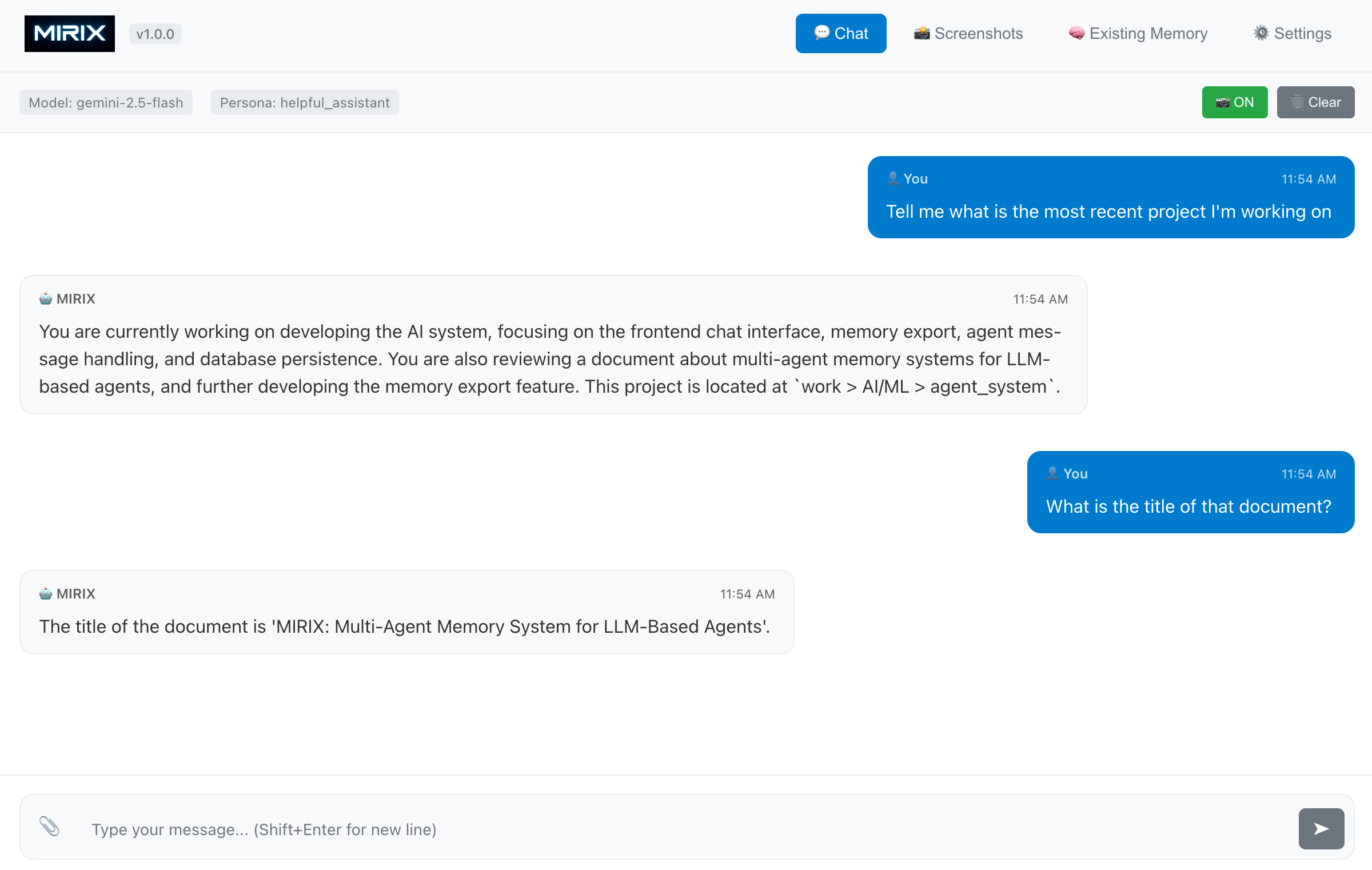 MIRIX chat window