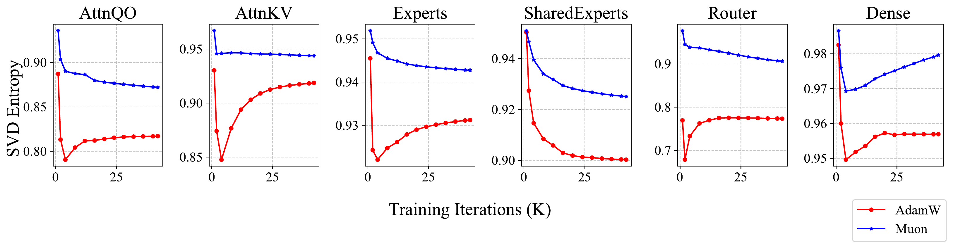 SVD entropy of weight matrices across different training iterations